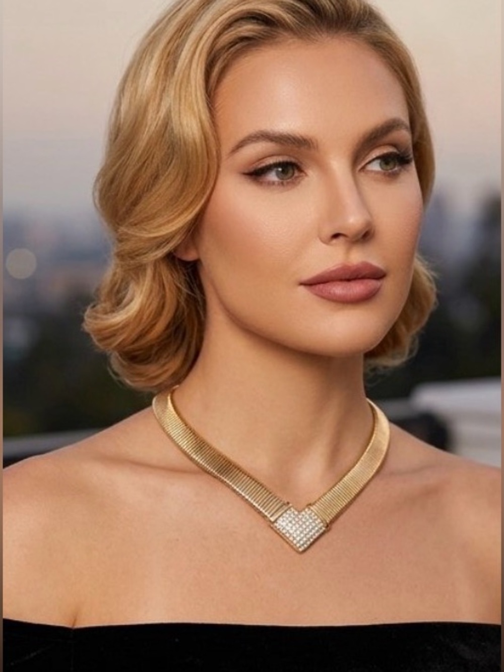 Vintage Gold Chevron V Collar Choker Necklace Pave rhinestone Omega mech